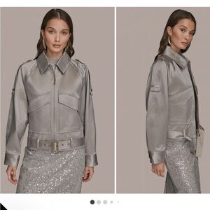 Donna Karen Silver Zip Front Jacket With Pockets in Small